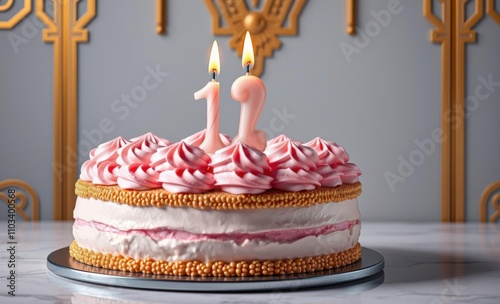 Torta di compleanno con crema rosa panna e una candelina accesa per festeggiare i 2 anni bollicine trasparenti decorano lo sfondo birthday backdrop party anniversary banner design  photo