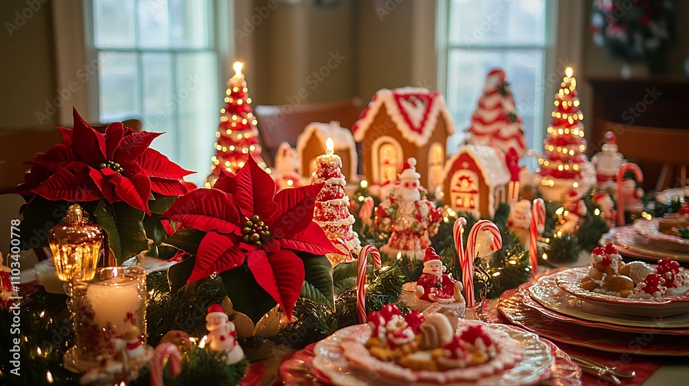 Festive Christmas table setting with gingerbread houses, poinsettias, and candy canes. Festive Christmas table setting with gingerbread houses, poinsettias, and candy canes.