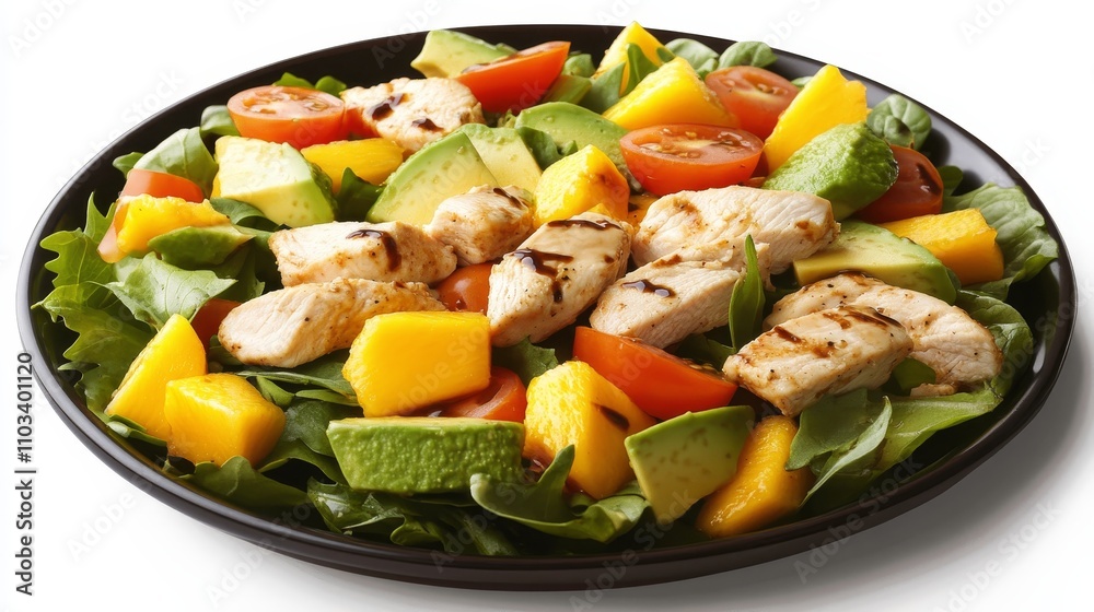Balsamic Glazed Chicken Salad with with Mango,Tomato,and Avocado.Concept of Healthy eating,fusion cuisine,gourmet food,Food and beverage,restaurants,food photography,cookbooks. Balsamic Glazed Chicken Salad with with Mango,Tomato,and Avocado.Concept of Healthy eating,fusion cuisine,gourmet food,Food and beverage,restaurants,food photography,cookbooks.
