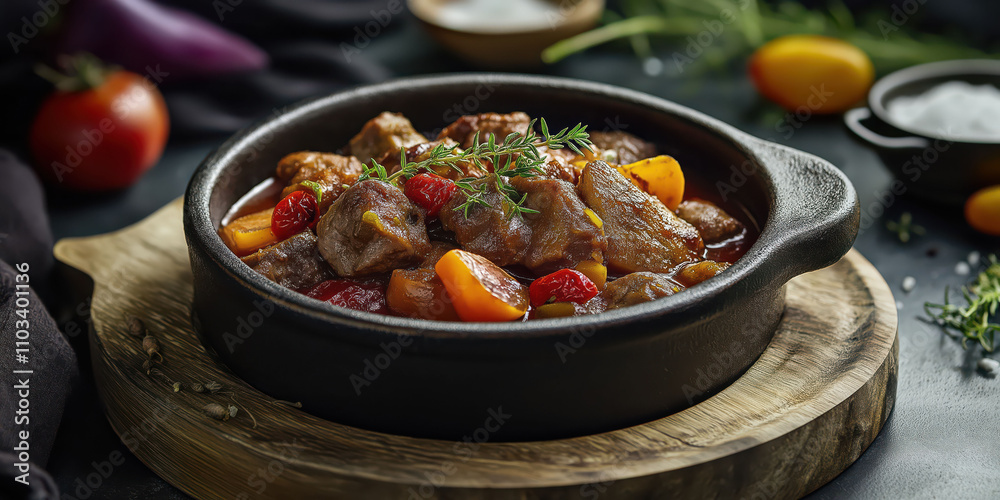 Rustic beef stew in black cast iron pot with fresh vegetables and herbs Rustic beef stew in black cast iron pot with fresh vegetables and herbs