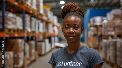 Female volunteer at a distribution warehouse. Help concept.