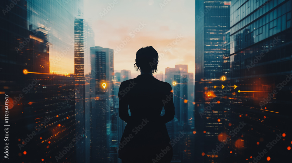 Abstract business woman stands on the peak of success amid tall, innovative Smart city and graphs with statistics to analyze business potential and predict future developments in company growth. Abstract business woman stands on the peak of success amid tall, innovative Smart city and graphs with statistics to analyze business potential and predict future developments in company growth.