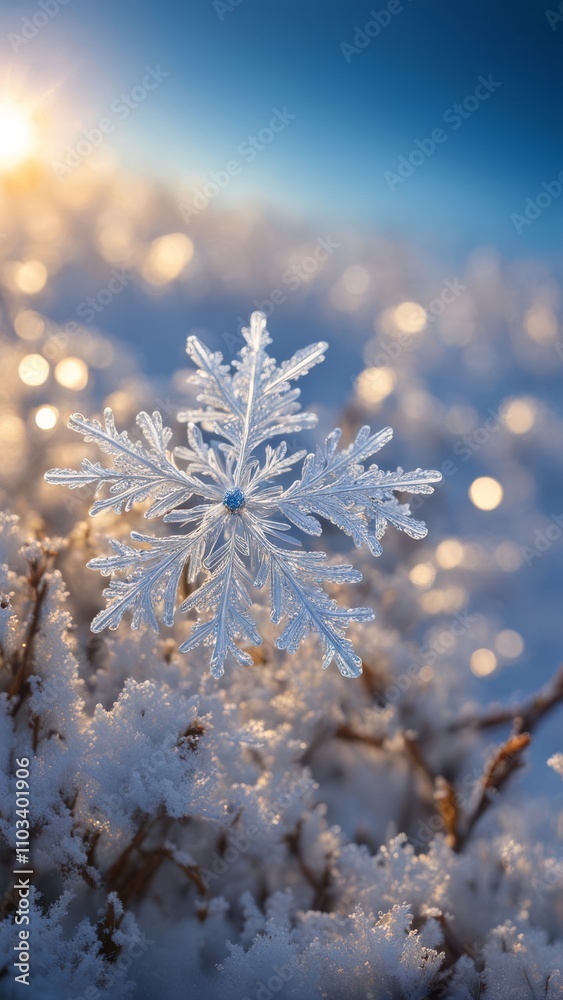 Macro shot of a delicate snowflake resting on frosted plants with a blurred background and warm sunlight. Winter and nature concept Macro shot of a delicate snowflake resting on frosted plants with a blurred background and warm sunlight. Winter and nature concept