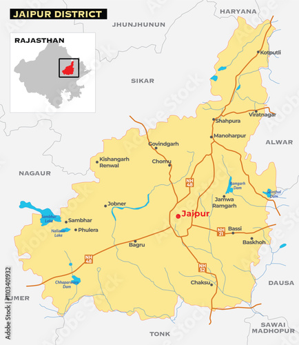 Jaipur district map, city of Rajasthan, India