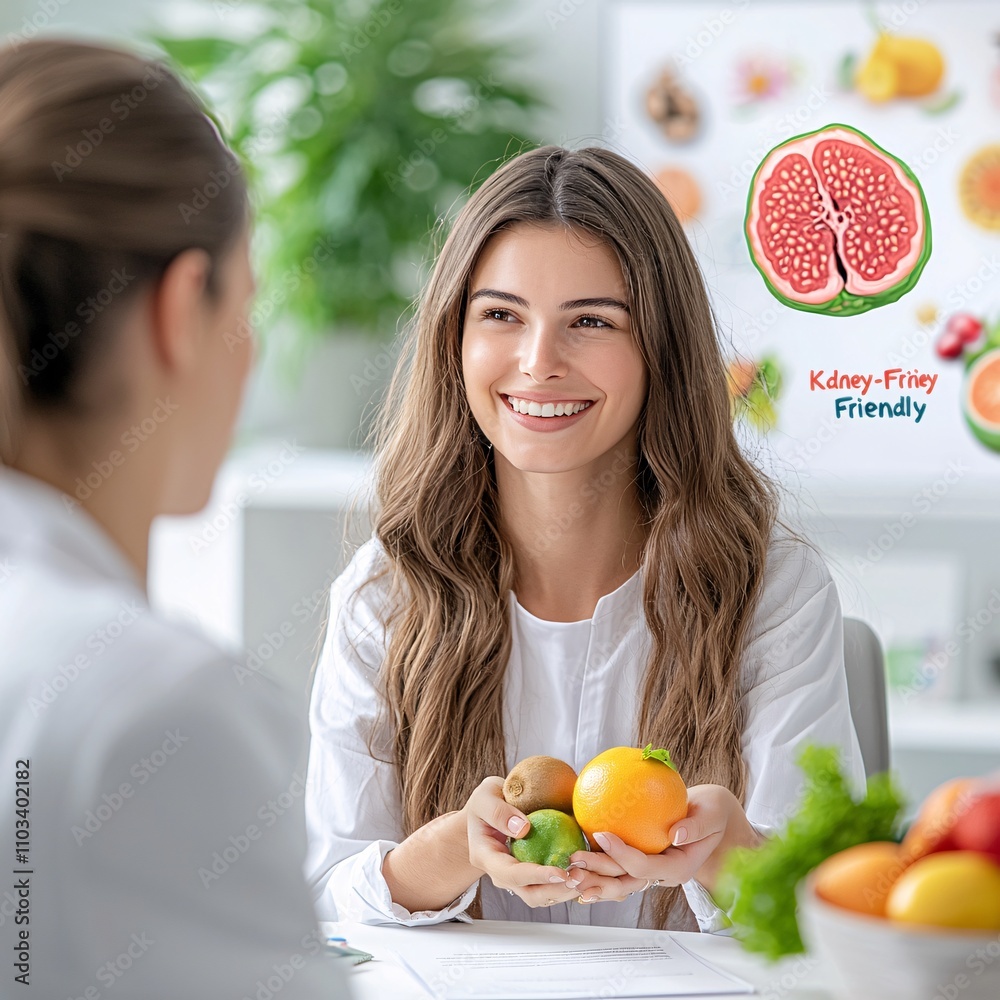 Kidney failure concept. Smiling woman holding fruits, discussing healthy eating with another person in a bright environment.