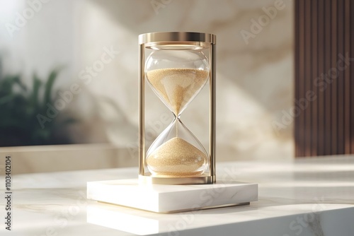 Golden hourglass with sand flowing, symbolizing time passing, placed on a marble surface in a modern interior with natural light photo