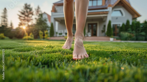 Lawn near the house. A man walks barefoot on a beautiful stone with a house in the background.