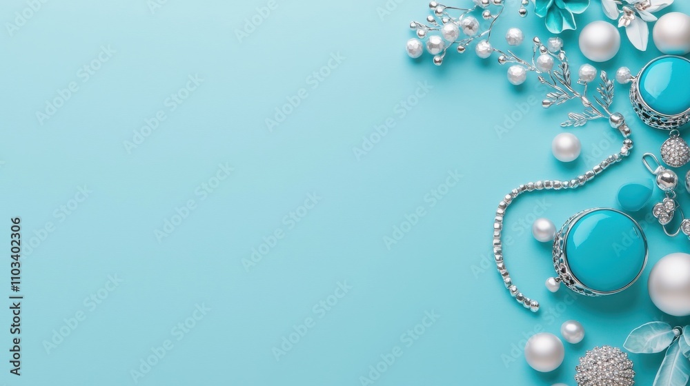 Festive Teal Jewelry Arrangement with Blue Ornament and Pearls for Holiday Gifting Festive Teal Jewelry Arrangement with Blue Ornament and Pearls for Holiday Gifting