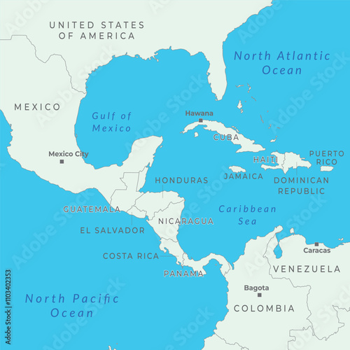 Middle America map with borders and labeling. Countries of southern North America, Central America.