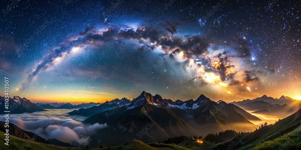 Fototapeta premium Breathtaking Panoramic View of the Night Sky Filled with Stars over the Majestic European Alps, Showcasing the Universe's Beauty and Serenity Above the Mountain Range