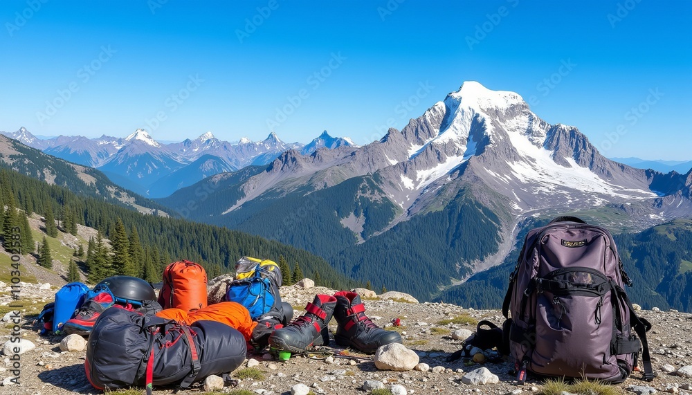 Fototapeta premium Scenic mountain view with trekking gear and backpacks resting on rocky ground during sunny day 