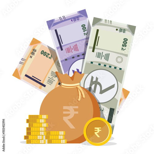 Indian rupee note with rupee bag and coins