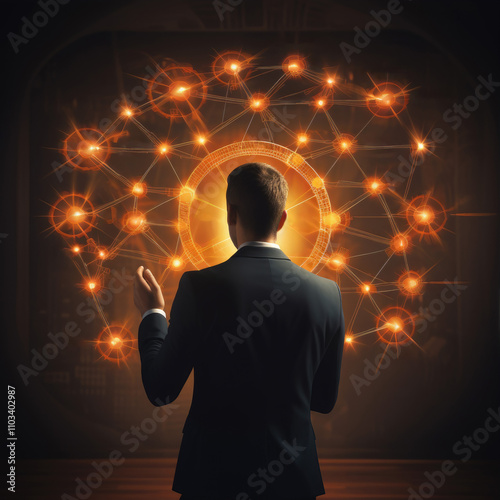 Businessman Tech Vision	Businessman looking at a glowing network diagram.