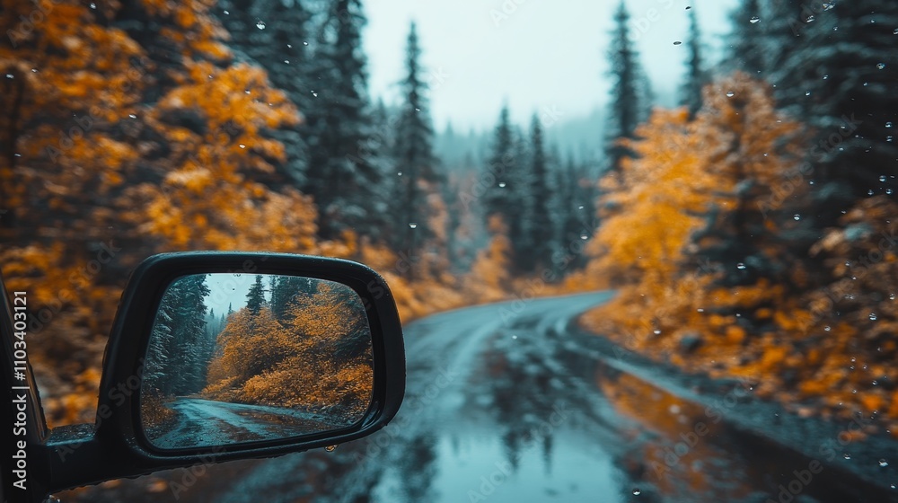 Obraz premium Autumn Road Trip Reflection, Scenic Drive Through Colorful Fall Foliage in Rearview Mirror