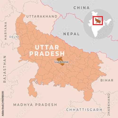 Uttar Pradesh district map with neighbour state and country