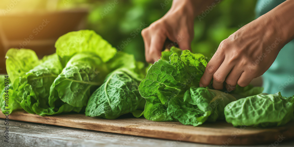 Hands preparing fresh green romaine lettuce on wooden cutting board Hands preparing fresh green romaine lettuce on wooden cutting board
