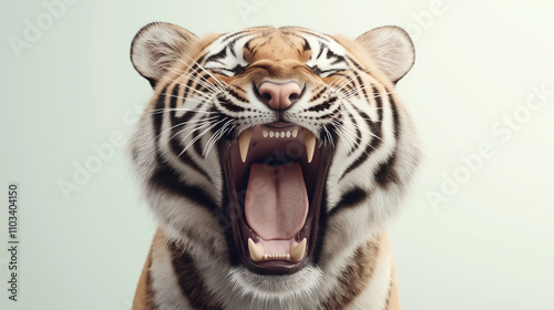 Close-up of a yawning tiger showing sharp teeth and tongue against a neutral background