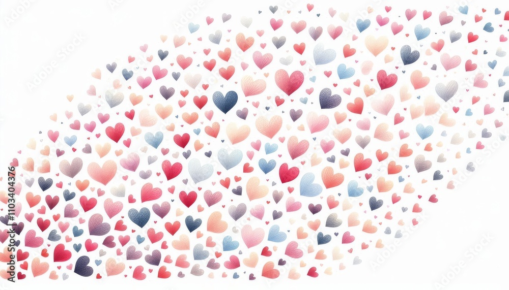 Colorful hearts pattern with abstract textures on a white background. Valentine's Day illustration for greeting card design in watercolor style