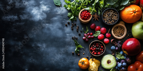 Colorful fresh fruits and vegetables on dark rustic background