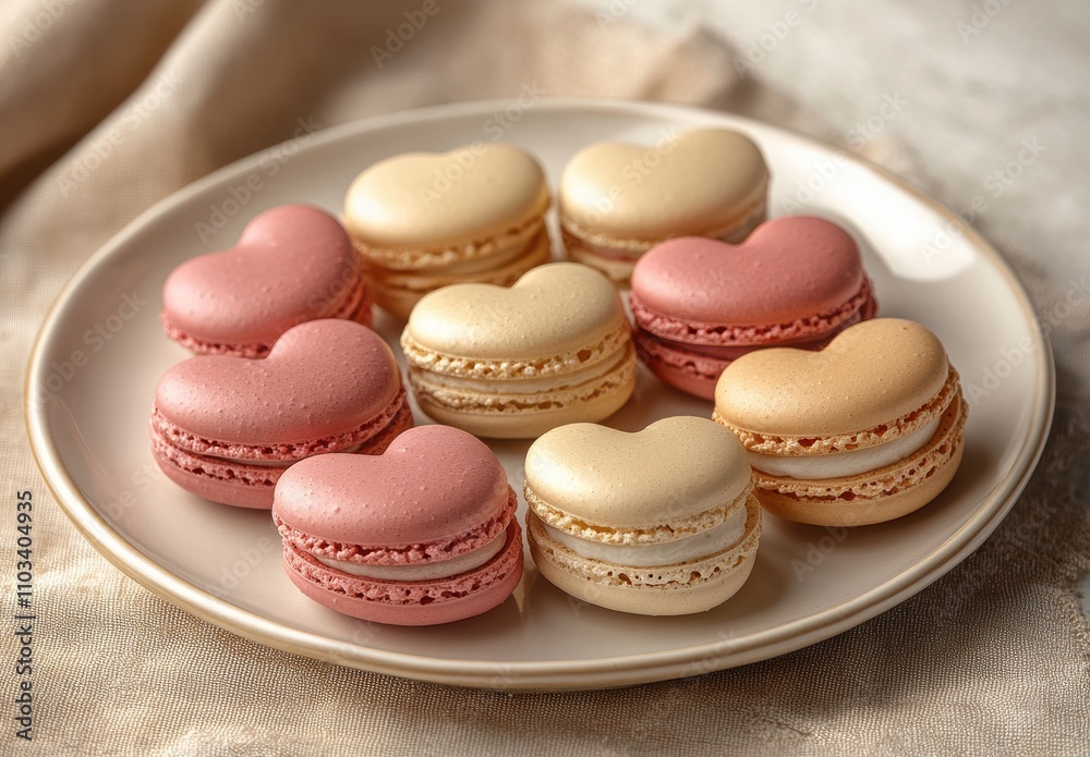 Heart-Shaped Macarons in Soft Pastel Colors on a Round Plate, Perfectly Arranged for Celebrations, Desserts, and Sweet Treats in Elegant Presentation Heart-Shaped Macarons in Soft Pastel Colors on a Round Plate, Perfectly Arranged for Celebrations, Desserts, and Sweet Treats in Elegant Presentation