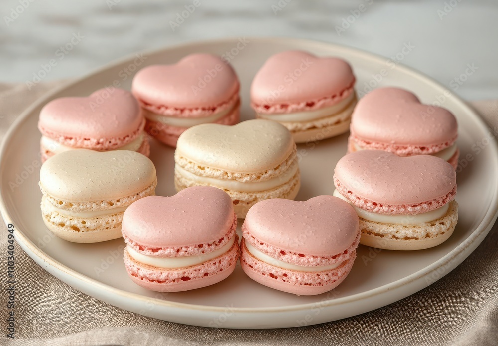 Heart-Shaped Macarons in Soft Pink and Cream Colors Arranged on a Plate, Perfect for Celebrations, Romance, or Sweet Treats Moments Heart-Shaped Macarons in Soft Pink and Cream Colors Arranged on a Plate, Perfect for Celebrations, Romance, or Sweet Treats Moments