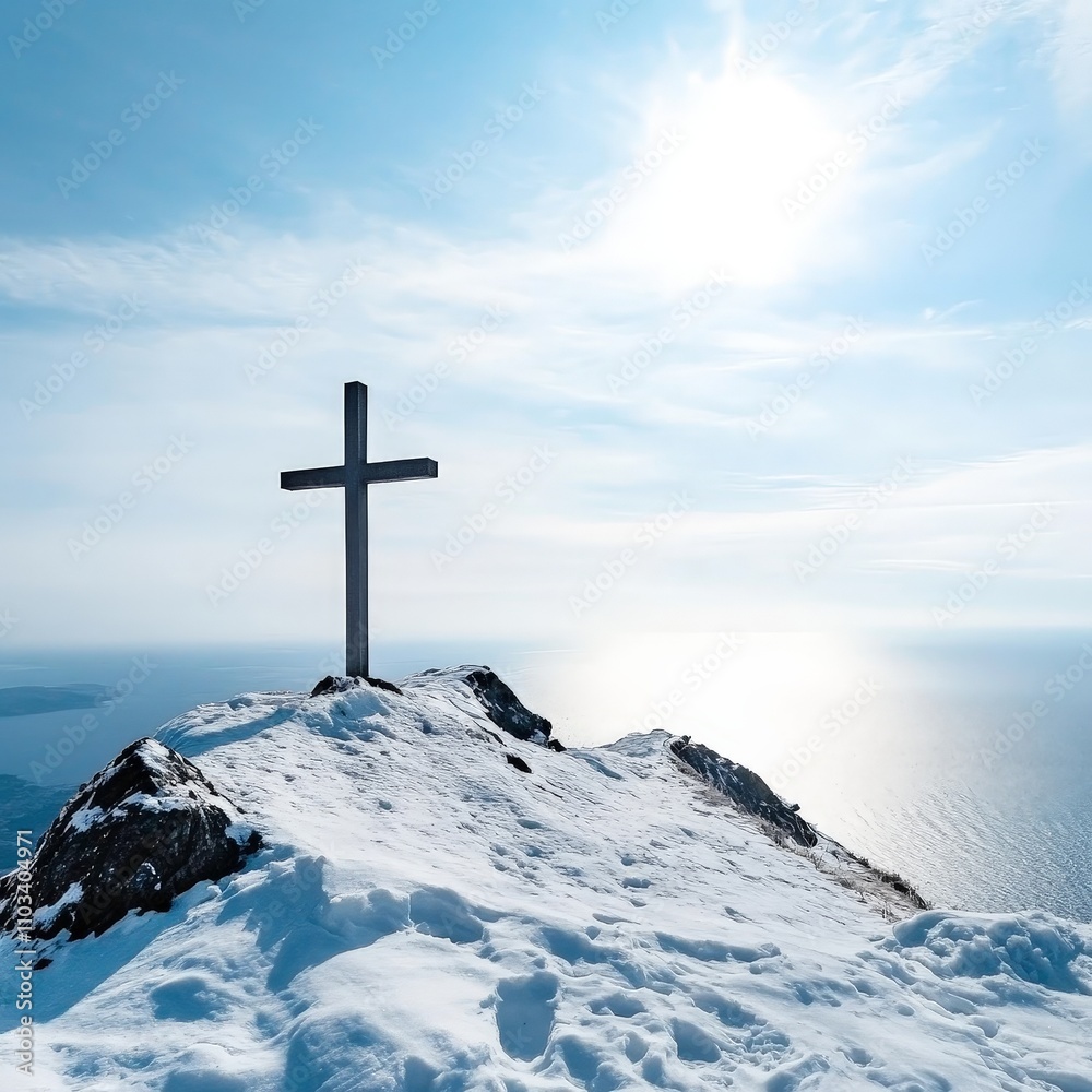 Cross on Snowy Mountain Overlooking the Ocean