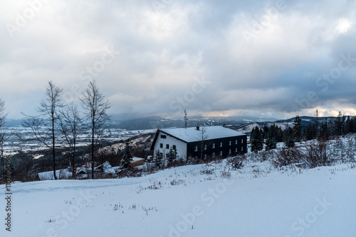 View from KOzubova hill in winter Moravskoslezske Beskydy mountains in Czech republic