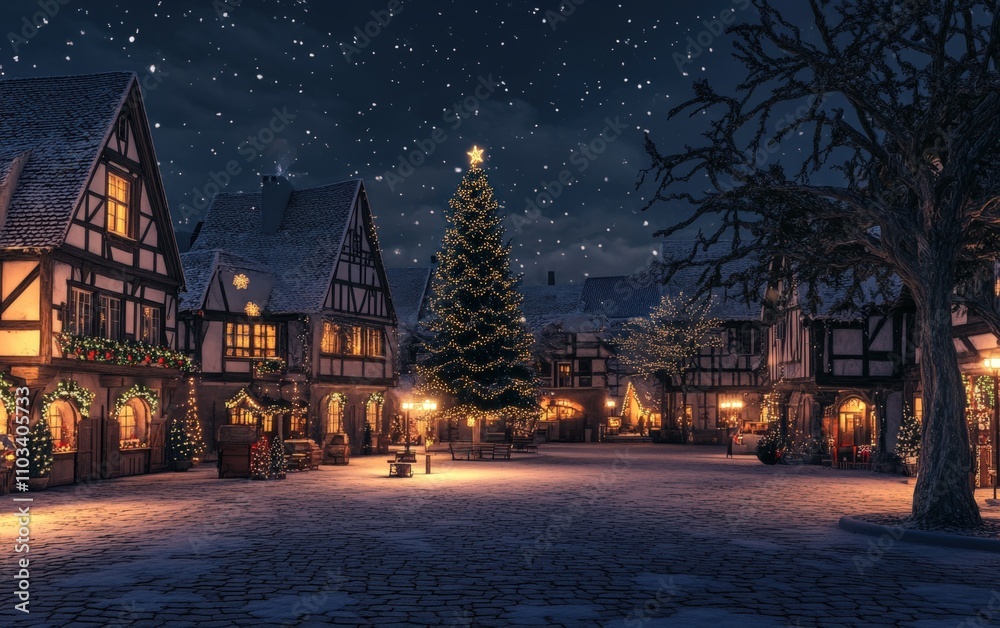 Fototapeta premium A cozy European village square at night, decorated with twinkling holiday lights and a tall Christmas tree in the center