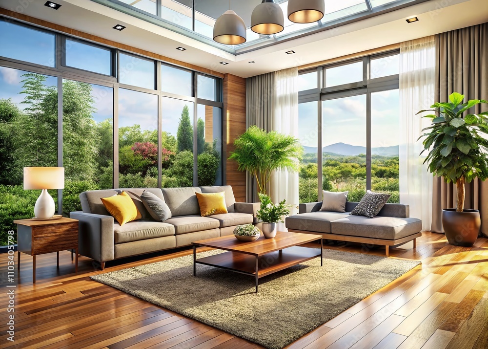 Fototapeta premium Bright and Inviting Modern Living Room with Air Conditioner and Abundant Natural Light, Showcasing Stylish Furniture and Elegant Decor for a Cozy Atmosphere