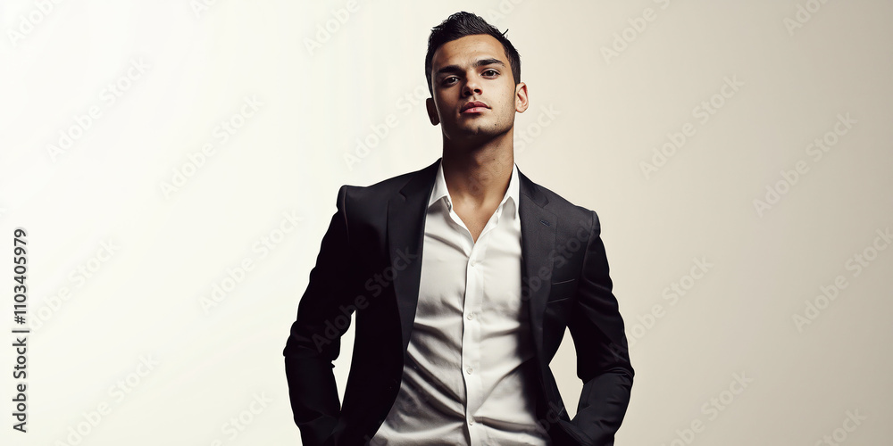 Confident young caucasian male in a black suit with hands in pockets Confident young caucasian male in a black suit with hands in pockets