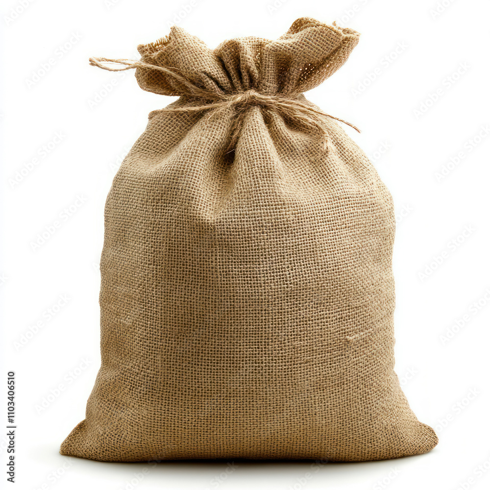 A rustic burlap sack tied at the top, ideal for storage, decoration, or showcasing natural materials in a cozy environment. A rustic burlap sack tied at the top, ideal for storage, decoration, or showcasing natural materials in a cozy environment.