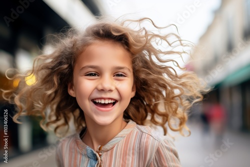 Closeup portrait of a happy little girl with curly hair in the city