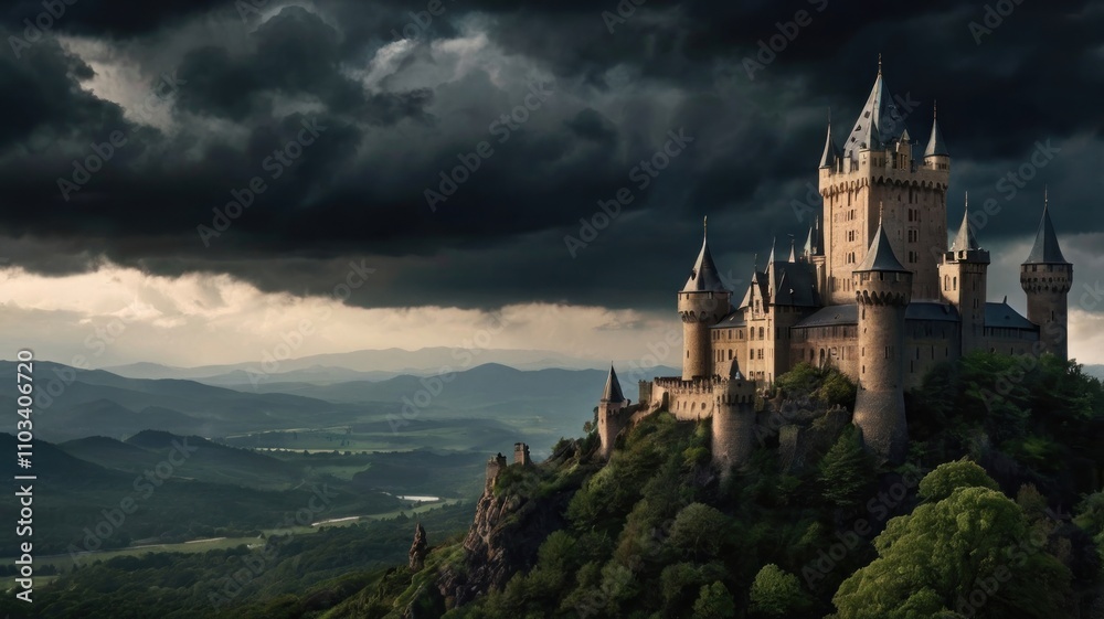 Here's a suggested and keywords for your stock photo.. Majestic castle on a hilltop under a dramatic stormy sky. Here's a suggested and keywords for your stock photo.. Majestic castle on a hilltop under a dramatic stormy sky.