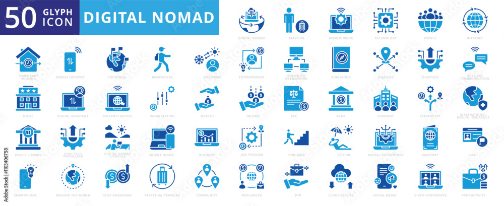 Obraz premium Digital nomad icon of job, business, lifestyle, people, technology, social media, hotel, smartphone, bank, community, entrepreneur, passport, wealth, tax, freelancer, income, backpacker, productivity