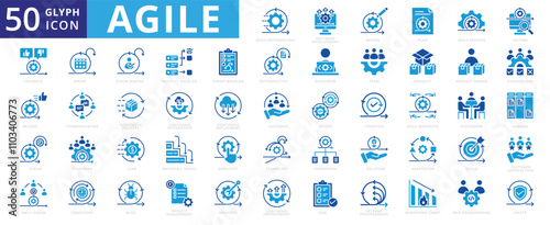 Agile icon set of maintain, sprint, team, stakeholder, design, retrospective, framework, communication, delivery, teamwork, safety, product, discussion, feedback, project management, scrum, developer