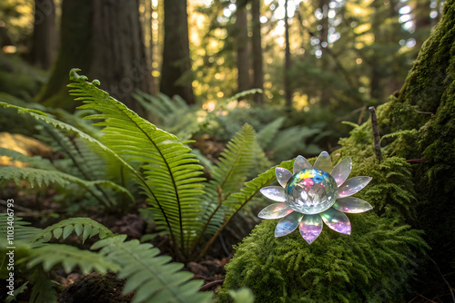 Vibrant prehistoric flowers flourish amidst towering trees in a primeval forest.