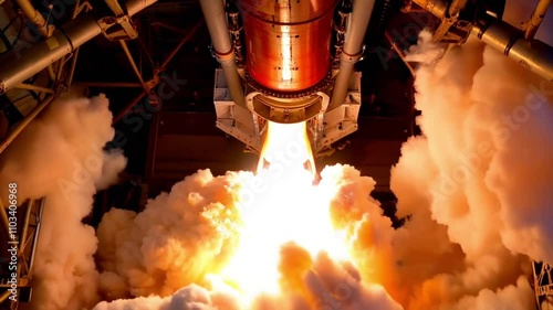 A large rocket engine ignites, producing a massive flame and plume of smoke during a launch test. Engineers observe the event in a secure facility, emphasizing precision and power