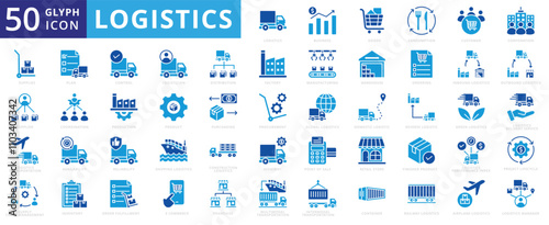 Logistics icon set of supplier, construction, purchasing, inventory, manager, business, green, airplane, warehouse, factory, global, transportation, manufacturing, domestic, container, customer, goods