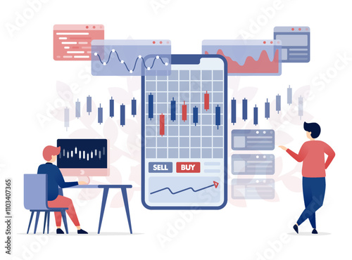 vector illustration of People Analyze Stock Increases and Investments Using Candle Charts on Financial and Banking Apps Affiliated with Investment Managers