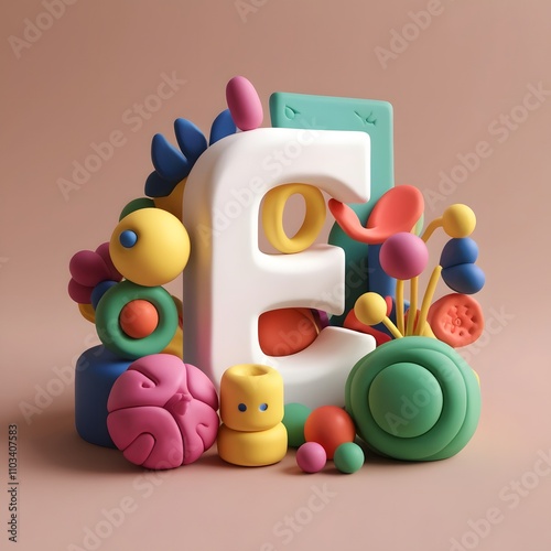 3D Render of the Letter 'E' Surrounded by Colorful Playful Objects in a Stylized Scene photo