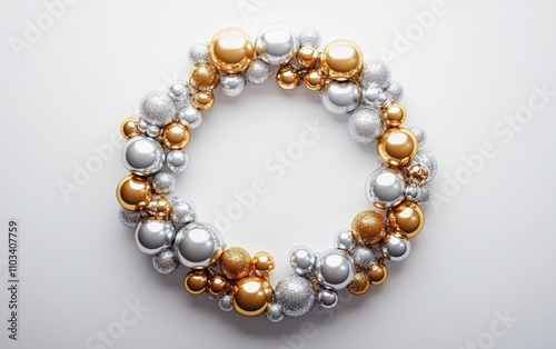 A circle made of alternating gold and silver baubles, creating a modern wreath design on white 