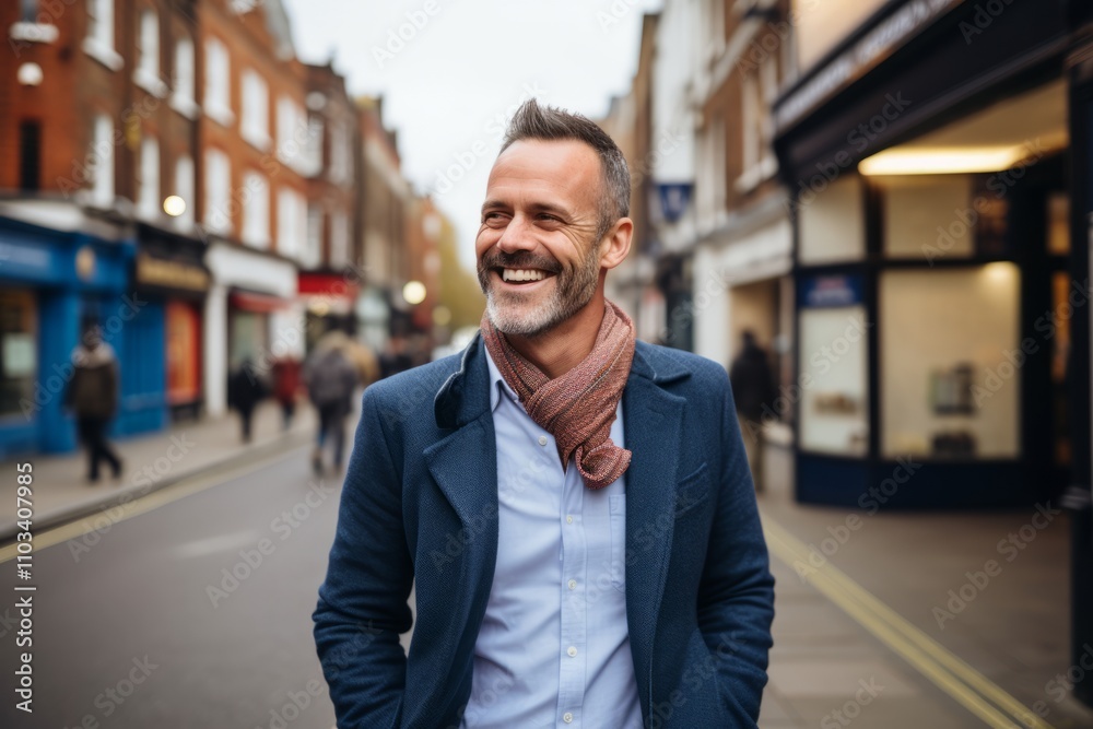 Handsome middle-aged man walking on a street in London. Handsome middle-aged man walking on a street in London.