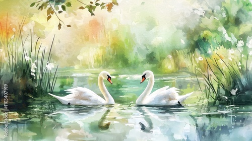 Fototapeta Naklejka Na Ścianę i Meble -  Two White Swans Facing Each Other in a Watery Landscape