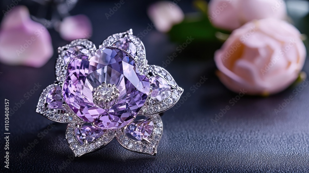 Luxurious Flower-Shaped Brooch Against Dark Background with Pink Roses - High-End Jewelry Advertisement