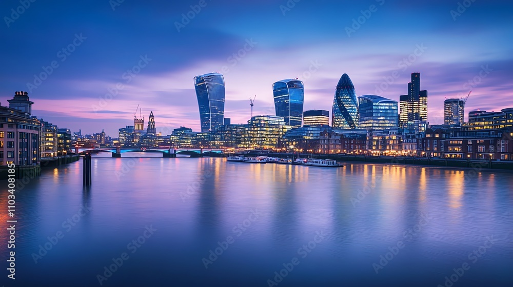 Fototapeta premium A panoramic view of the London skyline at sunset.