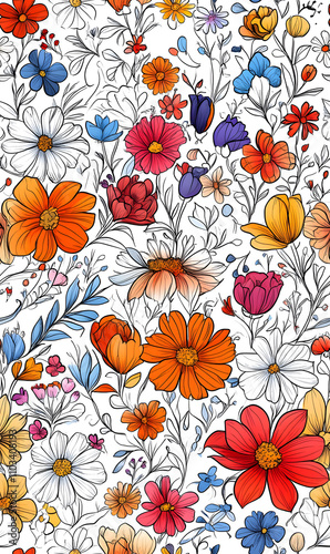 Floral flowers and beautiful colorful leaves wallpaper seamless pattern for interior decoration or background.