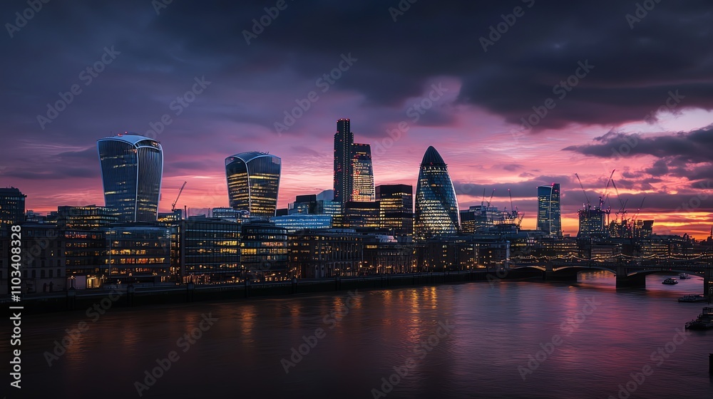 Fototapeta premium A panoramic view of the London skyline at sunset.