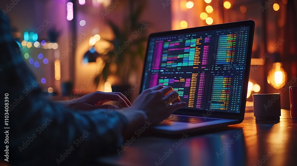 A modern desk setup with hands adjusting a column width in a vibrant spreadsheet, colorful rows and data grids displayed on a laptop screen, soft natural lighting creating a professional ambiance, A modern desk setup with hands adjusting a column width in a vibrant spreadsheet, colorful rows and data grids displayed on a laptop screen, soft natural lighting creating a professional ambiance,