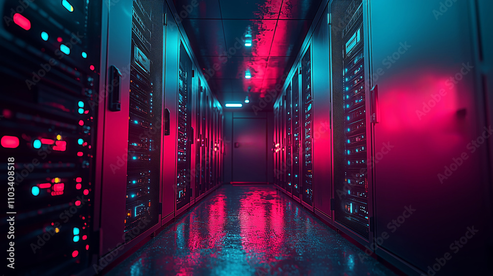 Fototapeta premium Futuristic server room with glowing neon lights