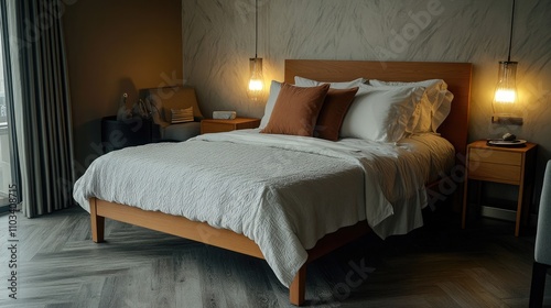 A luxurious guest room featuring a wooden bed frame